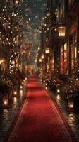 Enchanting evening walk down a festive street lined with twinkling lights and red carpet photo