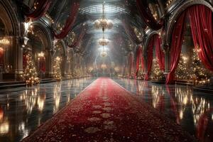 Elegant holiday hall decorated with festive lights and trees at dusk in a historic venue with rich architecture photo