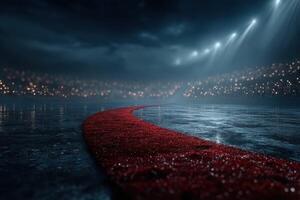 Dramatic red carpet leading to an illuminated sports arena under a cloudy night sky photo