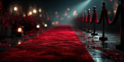 Red carpet path illuminated by soft lights at an evening gala event with elegant decorations and a vibrant atmosphere photo