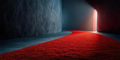 Curved red carpet leading to a glowing doorway in a dimly lit corridor photo