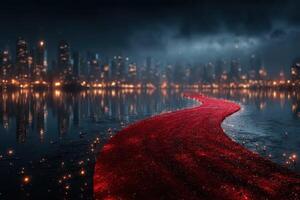 Experience a captivating urban landscape with a vibrant red path reflecting city lights at night near a serene water body photo