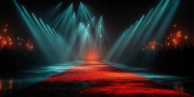 Spectacular fashion runway showcasing vibrant lights and dramatic atmosphere during a high-profile event at night photo