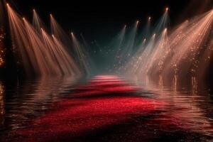 Stage illuminated with vibrant lights and reflective water creates a captivating atmosphere for a performance photo