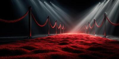 Elegant red carpet leading to an illuminated entrance with spotlight effects during a glamorous event photo
