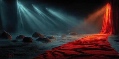 Bright red carpet leading to illuminated stage in a moody environment with beams of light cutting through darkness photo