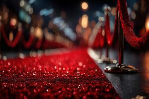 Elegant red carpet setup with shimmering lights for a glamorous event in an upscale venue at night photo