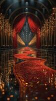 Elegant hallway with a glowing red carpet and dramatic lighting in a grand palace setting photo