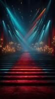 Staircase illuminated by colorful lights leading to a grand stage during a nighttime event photo