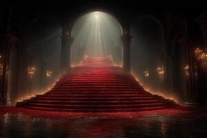 Majestic red staircase illuminated by soft light in an ornate, dimly lit hall showcasing elegant architecture and romantic ambiance photo
