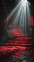 Majestic staircase illuminated by beams of light in an elegant dark hall with rich red curtains photo