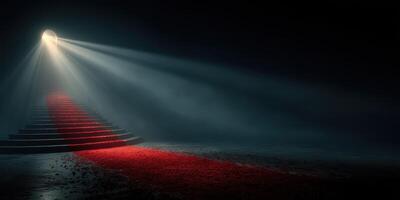Mysterious staircase leading to a bright light with red carpet in a dark setting photo