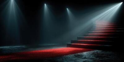 Mysterious dimly lit staircase with red carpet and dramatic lighting in a dark room photo