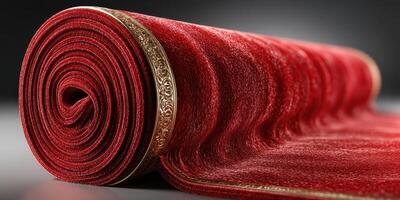 Beautiful red fabric rolled up showcasing intricate borders with a soft texture highlighted by gentle lighting photo