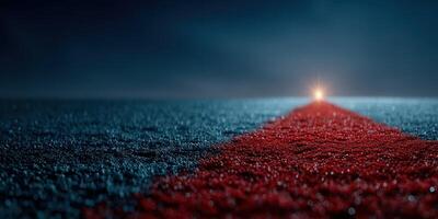 Bright light illuminates a red carpet stretching across a dark, wet road at night in a dramatic and atmospheric setting photo