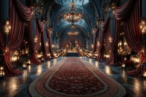 Elegant ballroom with luxurious decor and warm lighting during a lavish evening event in an ornate setting photo