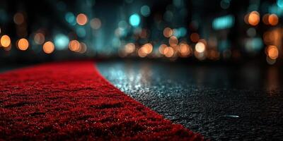 Red carpet unfurls on a city street during a nighttime event with blurred lights in the background photo