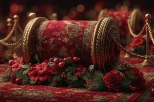 Decorative floral display on ornate fabric at an elegant event venue during evening celebration photo