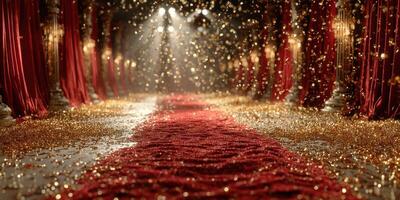 Elegant red carpet pathway adorned with golden confetti in a luxurious venue celebrating a special event photo