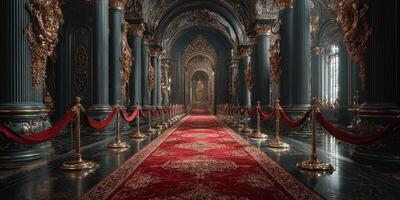 Luxurious grand hall with ornate architecture and velvet ropes creating an elegant pathway for visitors photo