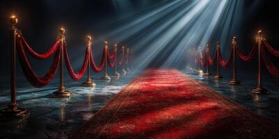 Elegant red carpet lined with velvet ropes in dramatic lighting at a glamorous event location photo