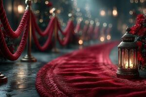 Luxurious red carpet pathway illuminated by lanterns and adorned with roses in a festive setting photo