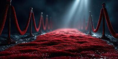 Red carpet pathway illuminated by soft light in a dramatic setting for an evening event or premiere photo