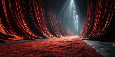 Dramatic stage with red curtains and spotlight illuminating a carpeted path for an upcoming performance event photo