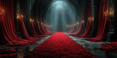 Dramatic hallway adorned with rich red drapes and soft lighting creates an enchanting atmosphere suitable for an elegant event photo