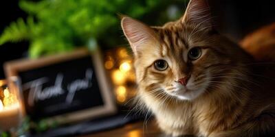 Fluffy ginger cat relaxes in ambient light beside a thank you note and candles during a cozy evening at home photo