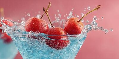 Fresh cherries splash in a colorful cocktail glass against a vibrant backdrop photo
