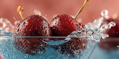 Fresh cherries splash in cool water creating vibrant bubbles in a crystal glass bowl during a sunny afternoon photo