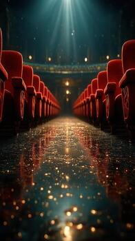 Rows of red velvet seats shining under soft light in a historic theater setting during a performance night photo