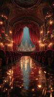 Elegant theater interior adorned for the holiday season with red velvet curtains and shimmering lights photo