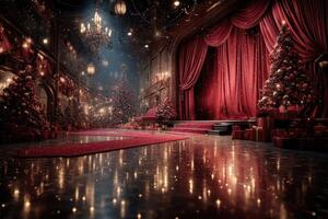 Elegant interior decorated for a festive event showcasing grand chandeliers and Christmas trees in a luxurious hall photo