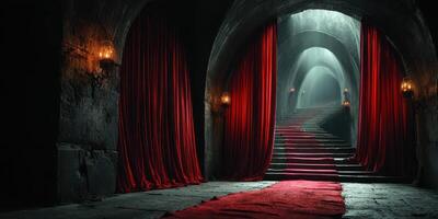 Stunning red carpet leading up a staircase inside a dimly lit archway photo