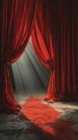 Dramatic red curtains parting to reveal a shimmering light in a darkened theater setting photo
