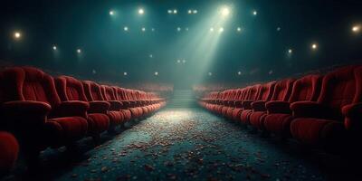Empty theater with red seats and scattered petals under spotlight at night photo