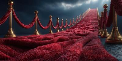 Red carpet leading to a dramatic entrance under moody skies at an evening event photo