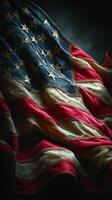 American flag gracefully waving with a dramatic backdrop showcasing its rich colors and detailed design photo
