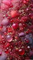 Colorful abstract composition with bubbles, sparkles, and vibrant textures in a rich red palette photo