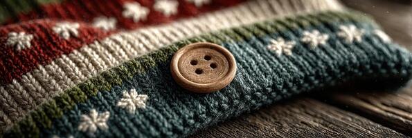 Beautiful handcrafted textile with vibrant colors and a wooden button on a rustic wooden surface photo