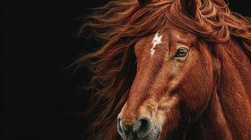 Majestic horse with flowing mane posing against a dark background in a captivating portrait shot photo