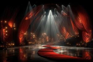 Elegant stage setting with dramatic lighting and red drapery during an evening performance event photo