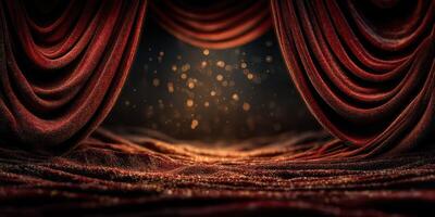 Dramatic stage curtains reveal a shimmering spotlight effect in a theatrical setting photo