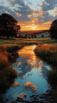 Stunning sunset reflecting on a serene stream in a tranquil countryside landscape with lush greenery photo