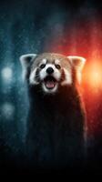Red panda smiles while surrounded by soft blue and orange light in a tranquil setting photo
