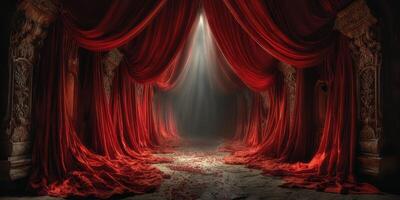 Dramatic red curtains frame a mystical pathway illuminated by soft light in an enchanting setting photo