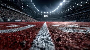 Track field illuminated by stadium lights with glowing red surface and cheering crowd during a nighttime athletics event photo