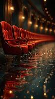 Elegant red chairs reflect on water in a quiet theater setting at night photo
